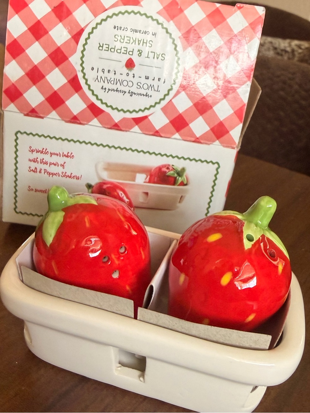 Two's Company Red Strawberry Salt & Pepper Set with Cream Holder